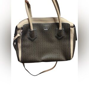 Stylish and Chic GUESS Beige and Black Logo Satchel